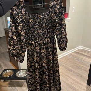 SHEIN Black Floral Smocked Long Sleeve Midi Dress with Beige Print